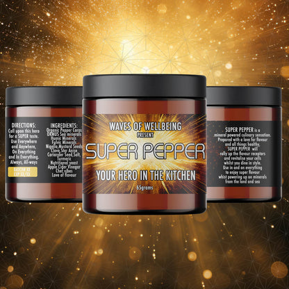 Hero image of multiple SUPER PEPPER jars with golden glow and bold branding
