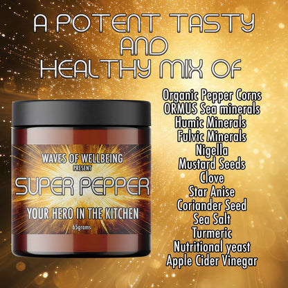 List of health-supporting benefits of SUPER PEPPER including humic, fulvic, and ORMUS content