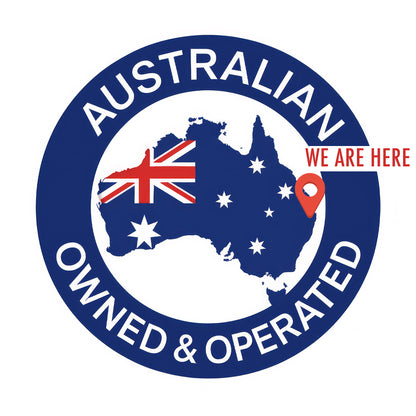 Australian owned and operated badge with flag and 'Tested here' text