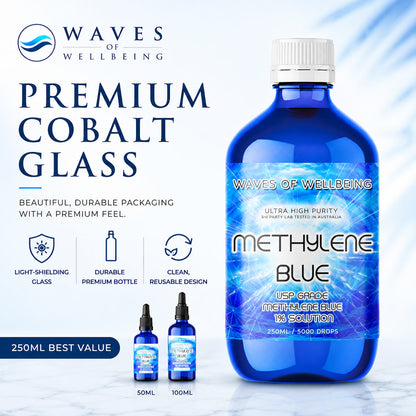 Waves of Wellbeing 250ml USP grade methylene blue 1% solution in premium cobalt glass bottle - small-batch lab tested in Australia