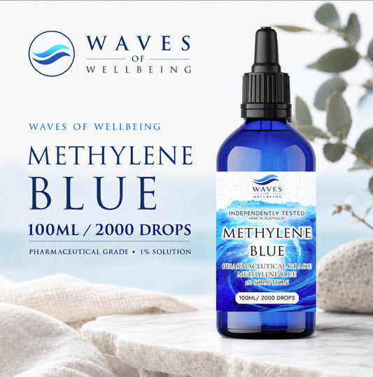Waves of Wellbeing Methylene Blue 1% solution 100ml, 2000 drops, pharmaceutical grade, cobalt glass dropper bottle on marble with eucalyptus