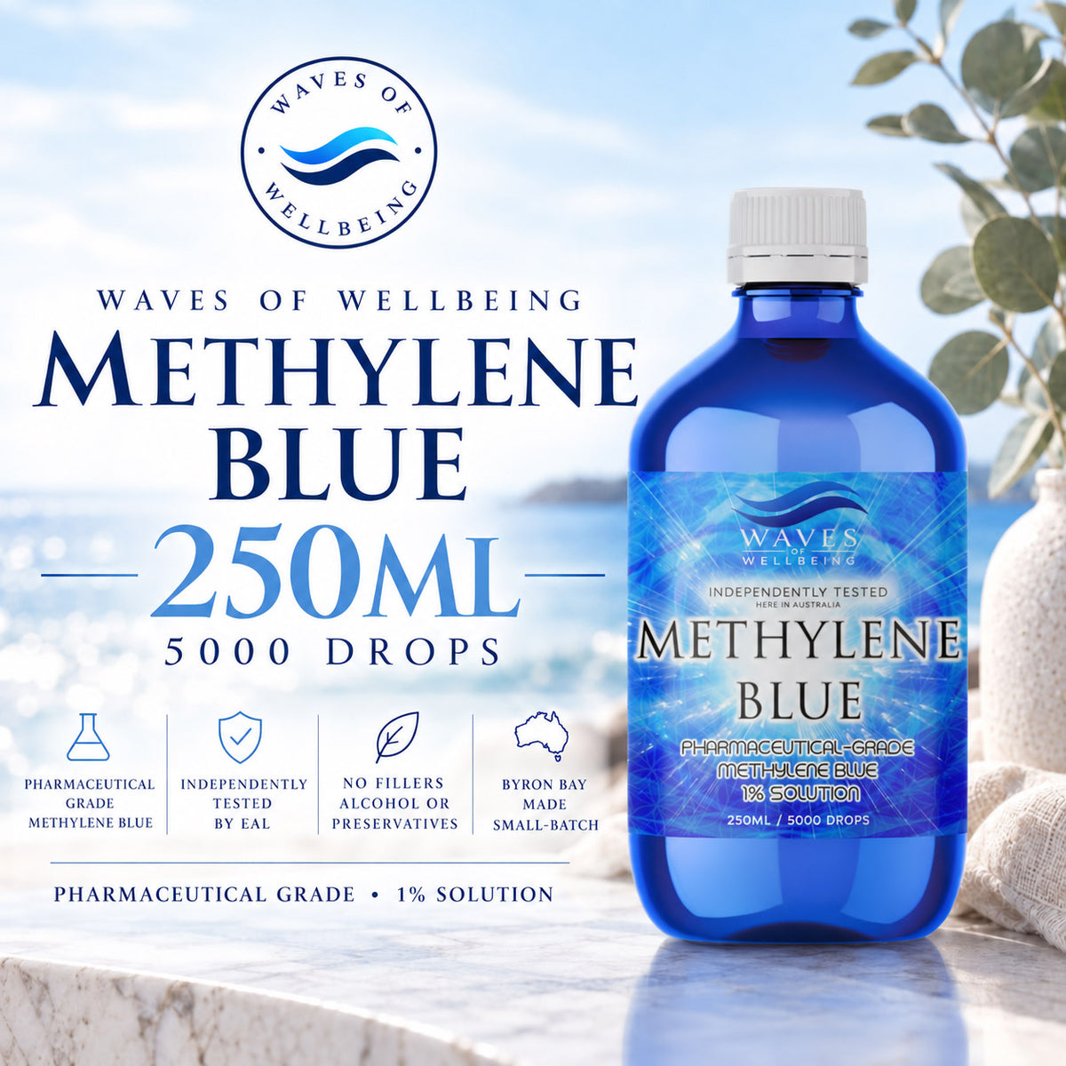 Waves of Wellbeing Methylene Blue 1% solution 250ml, 5000 drops, pharmaceutical grade, cobalt glass bottle on marble with eucalyptus