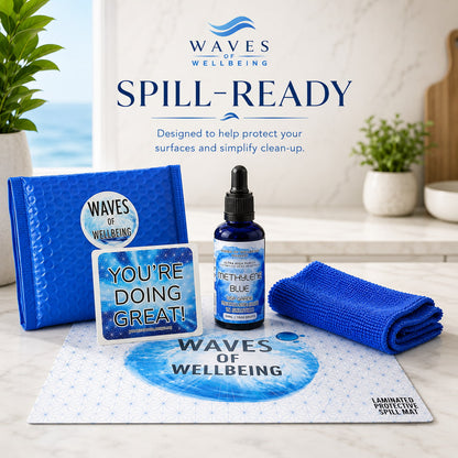 Waves of Wellbeing products including a bottle, towel, and mat on a surface with a scenic background. Starter kit