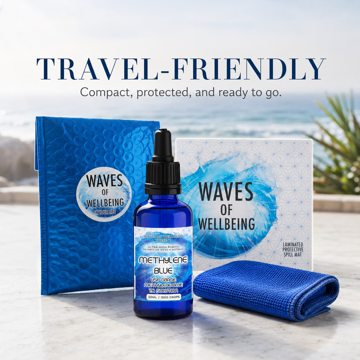 Blue bottle with 'Waves of Wellbeing' branding, accompanied by a pouch and towel on a blurred beach background.