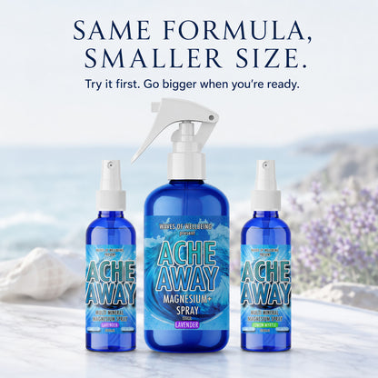 Waves of Wellbeing Ache Away 100ml testers in Lavender and Lemon Myrtle beside the 250ml bottle — same formula, smaller size