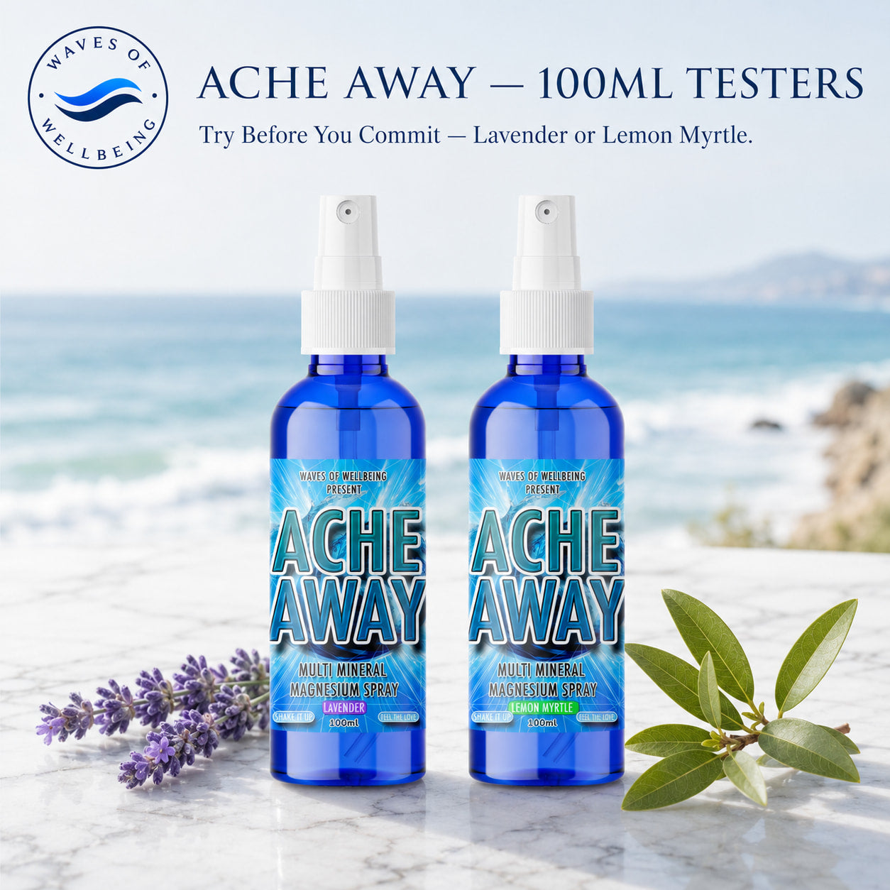 Waves of Wellbeing Ache Away 100ml testers — Lavender and Lemon Myrtle, try before you commit