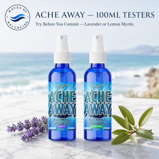Waves of Wellbeing Ache Away 100ml testers — Lavender and Lemon Myrtle, try before you commit