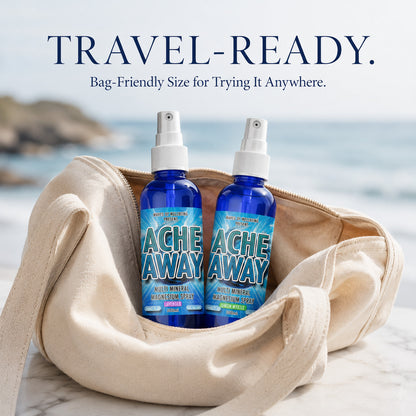 Waves of Wellbeing Ache Away 100ml testers, Lavender and Lemon Myrtle, packed in a travel bag — bag-friendly size for trying it anywhere