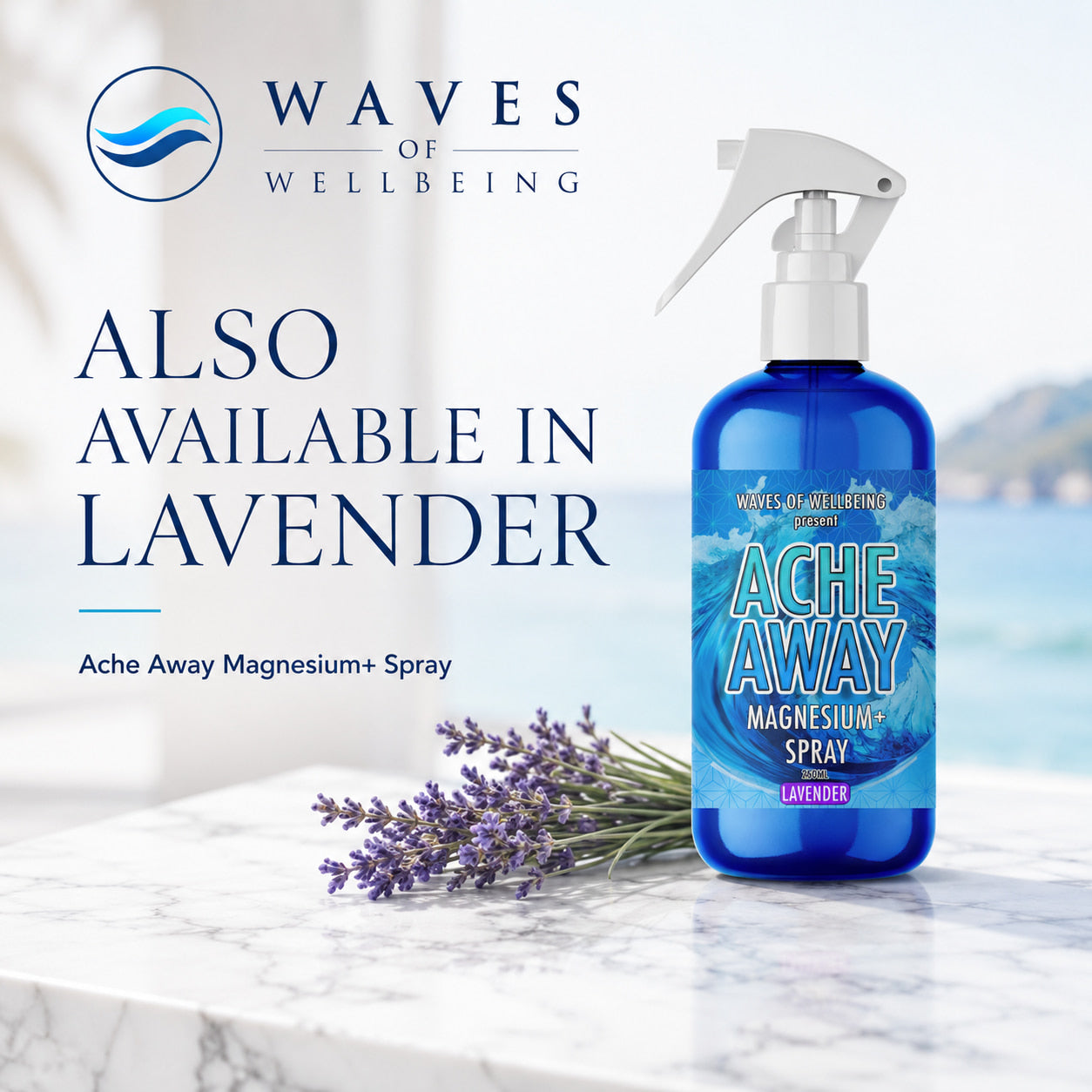 Ache Away Magnesium+ Spray, also available in Lavender, by Waves of Wellbeing