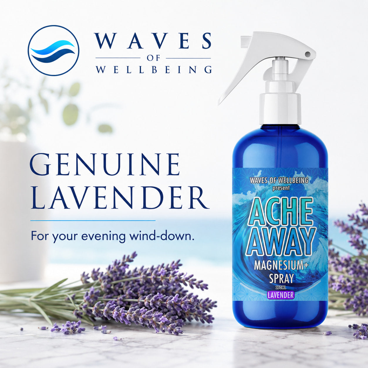 Ache Away Lavender bottle styled with fresh lavender sprigs for evening wind-down