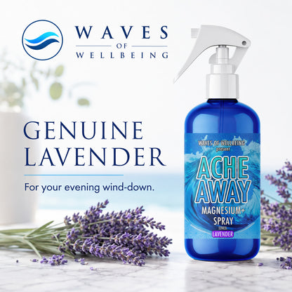 Ache Away Lavender bottle styled with fresh lavender sprigs for evening wind-down