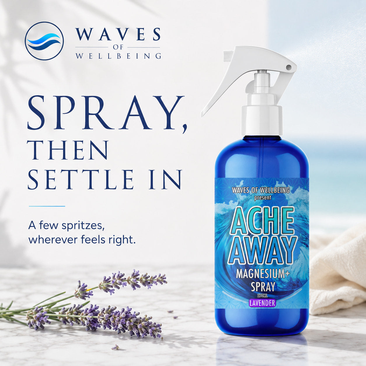 Ache Away Lavender magnesium spray being applied, spray then settle in