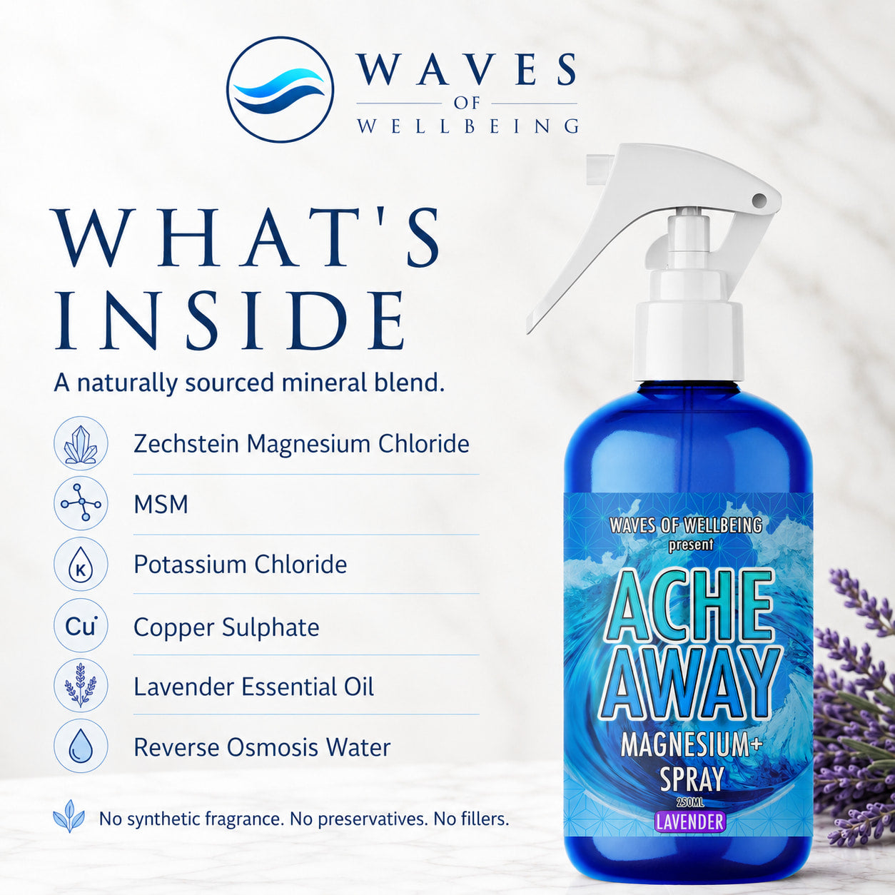 Ache Away Lavender ingredients including Zechstein magnesium chloride, MSM and lavender essential oil
