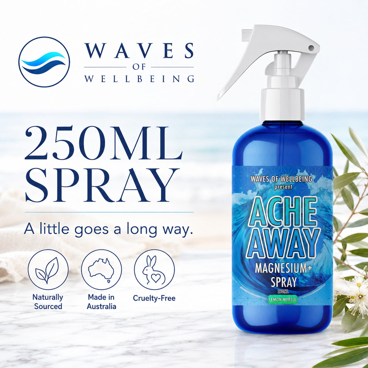 Waves of Wellbeing Ache Away Lemon Myrtle 250ml magnesium spray, naturally sourced