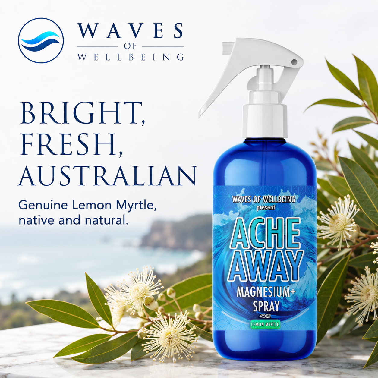 Ache Away Lemon Myrtle bottle styled with native Australian lemon myrtle blossom