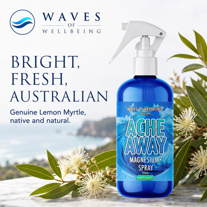 Ache Away Lemon Myrtle bottle styled with native Australian lemon myrtle blossom