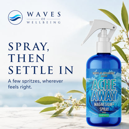 Ache Away Lemon Myrtle magnesium spray being applied, spray then settle in