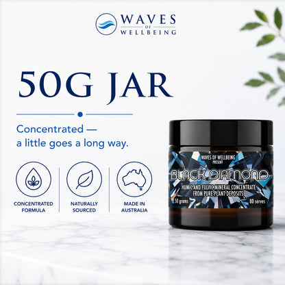Waves of Wellbeing Black Diamond humic and fulvic mineral concentrate jar, 50 grams