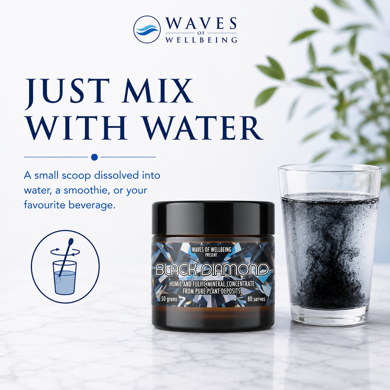 Black Diamond jar beside a glass of water showing mineral powder mixed in