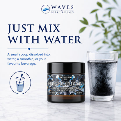Black Diamond jar beside a glass of water showing mineral powder mixed in