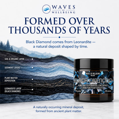 Black Diamond Leonardite origin illustration showing soil sediment layers formed over time
