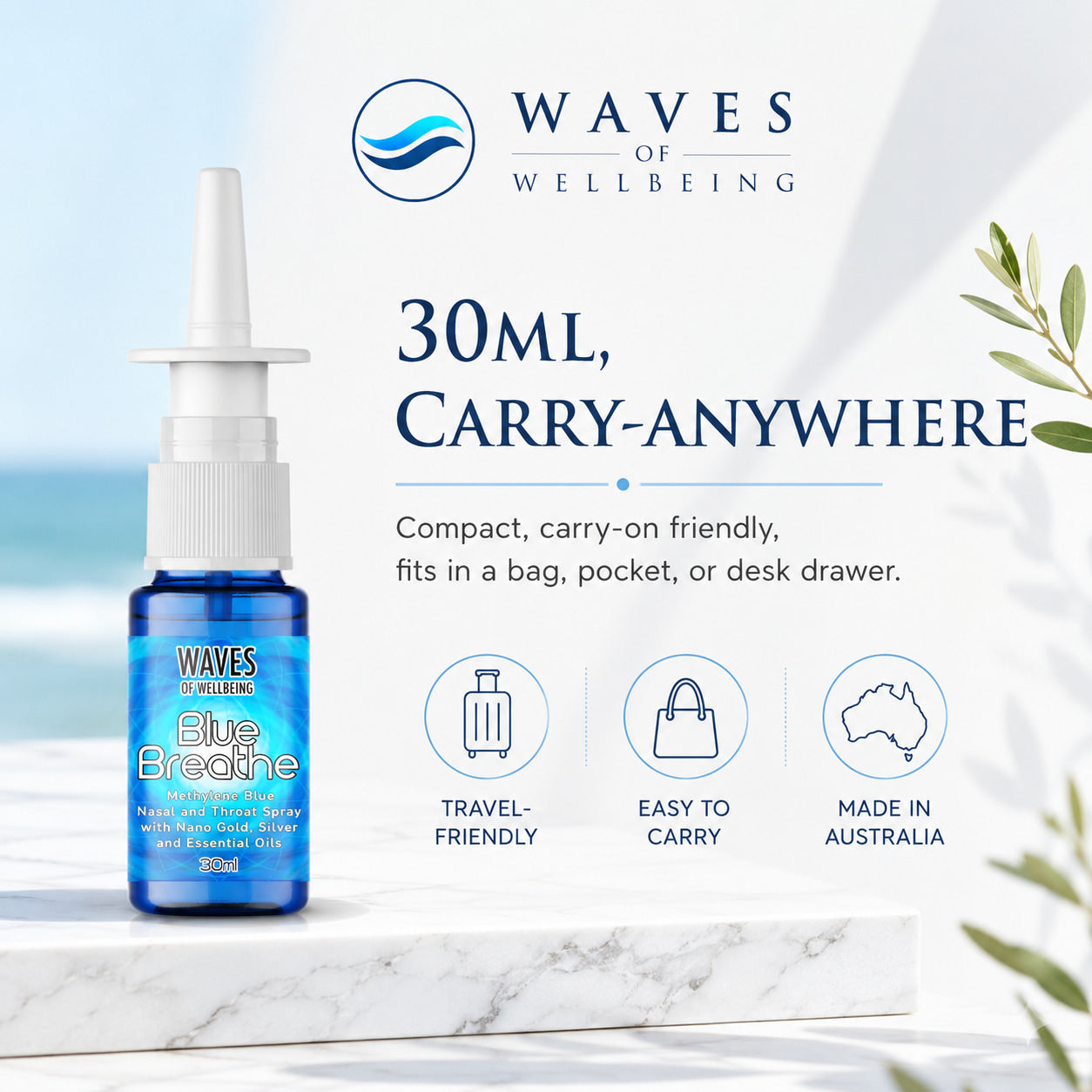 Waves of Wellbeing Blue Breathe 30ml compact travel-friendly nasal spray