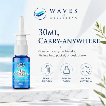 Waves of Wellbeing Blue Breathe 30ml compact travel-friendly nasal spray