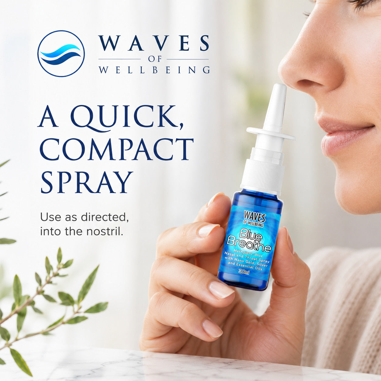 Woman using Waves of Wellbeing Blue Breathe nasal spray
