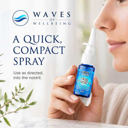 Woman using Waves of Wellbeing Blue Breathe nasal spray