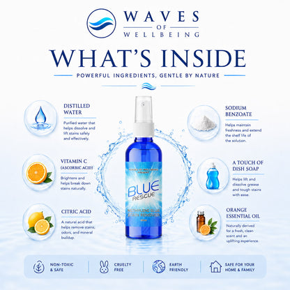 Waves of Wellbeing Blue Rescue ingredients - distilled water vitamin C sodium sulphate citric acid orange oil