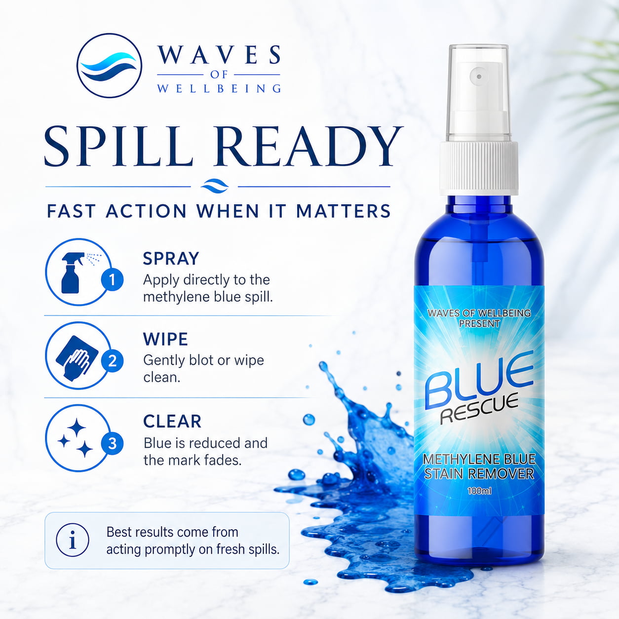 Waves of Wellbeing Blue Rescue spill ready - spray wait wipe fast action methylene blue stain remover
