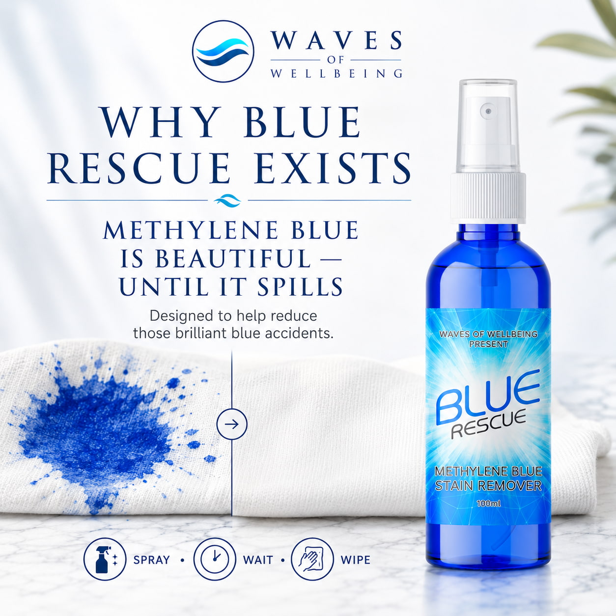 Waves of Wellbeing Blue Rescue stain remover - designed to reduce methylene blue spills fast