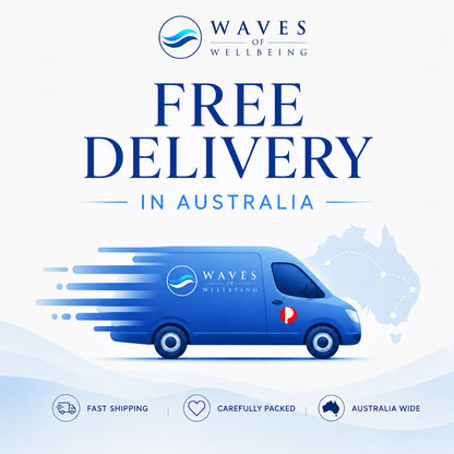 Promotional graphic for Waves of Wellbeing with a blue delivery van and text about free delivery in Australia.