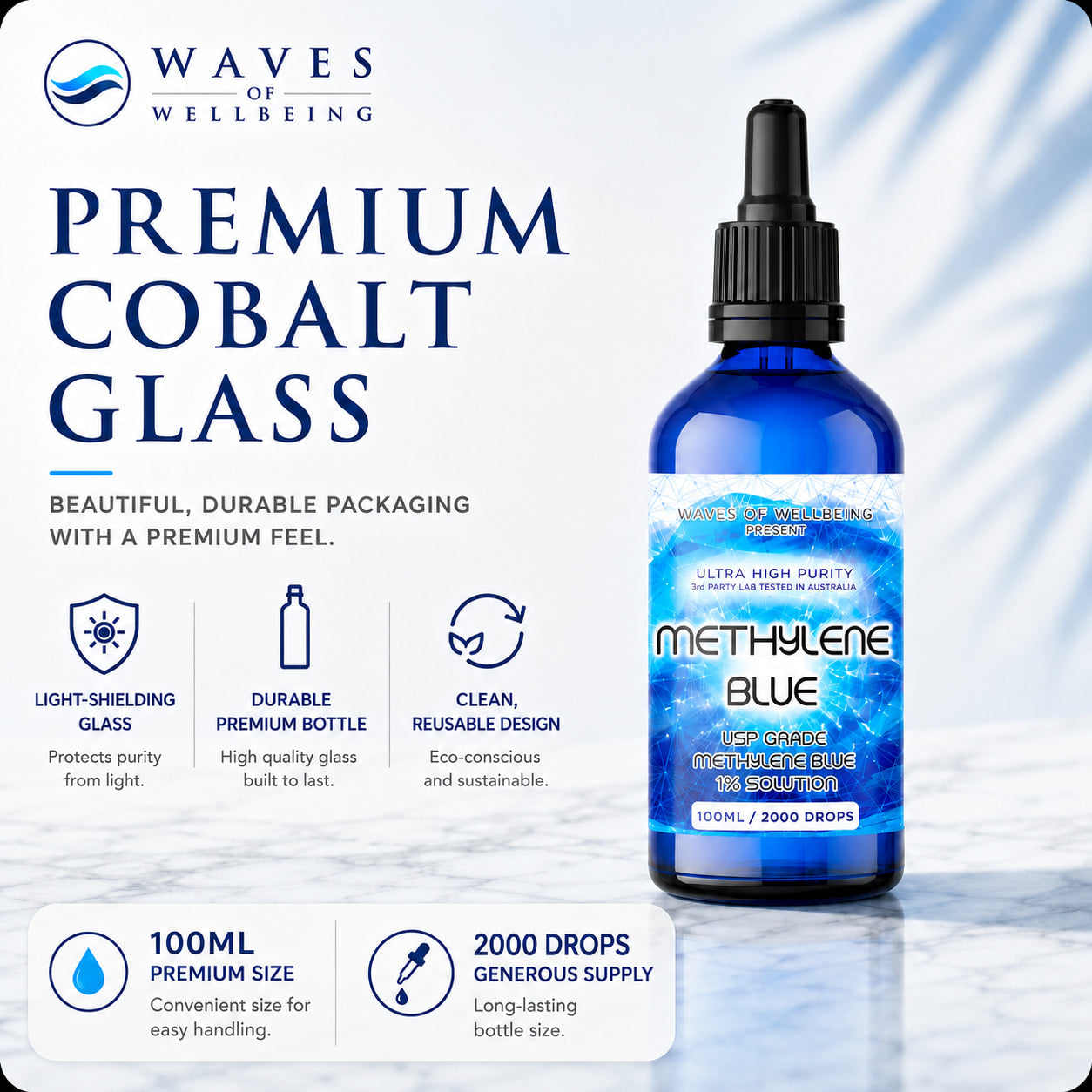 Waves of Wellbeing 100ml Methylene Blue bottle in premium light-shielding cobalt glass