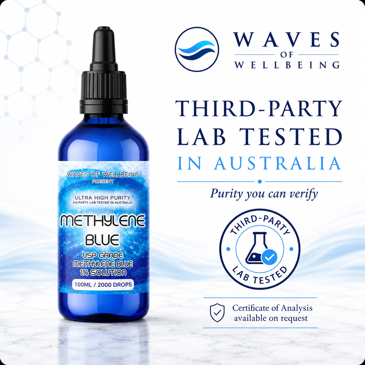 Waves of Wellbeing 100ml Methylene Blue 1% solution bottle, 2000 drops