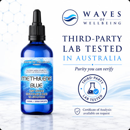Waves of Wellbeing 100ml Methylene Blue 1% solution bottle, 2000 drops