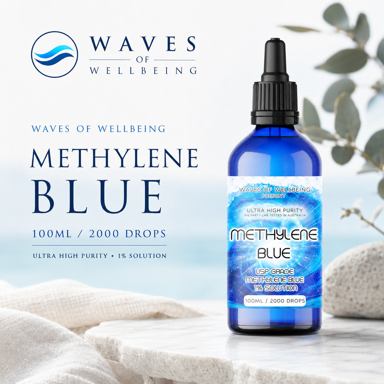 Waves of Wellbeing 100ml Methylene Blue 1% solution bottle, 2000 drops