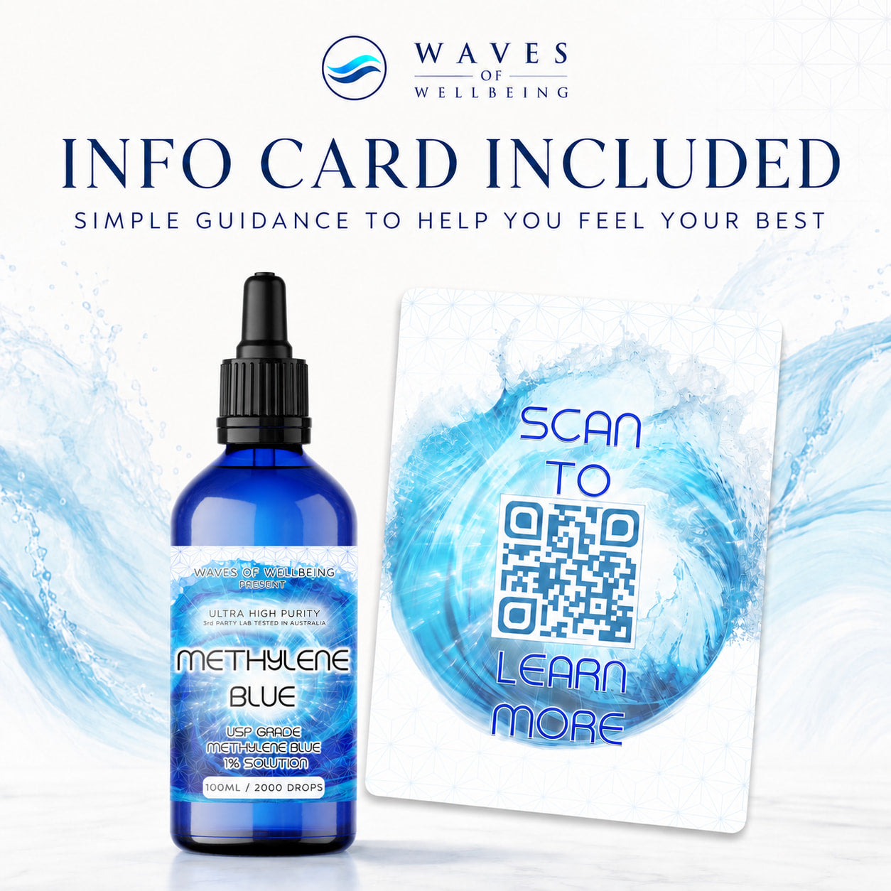 Waves of Wellbeing Methylene Blue 100ml bottle with included info card and QR code