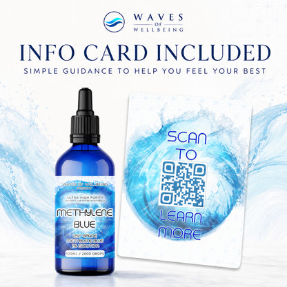 Waves of Wellbeing Methylene Blue 100ml bottle with included info card and QR code