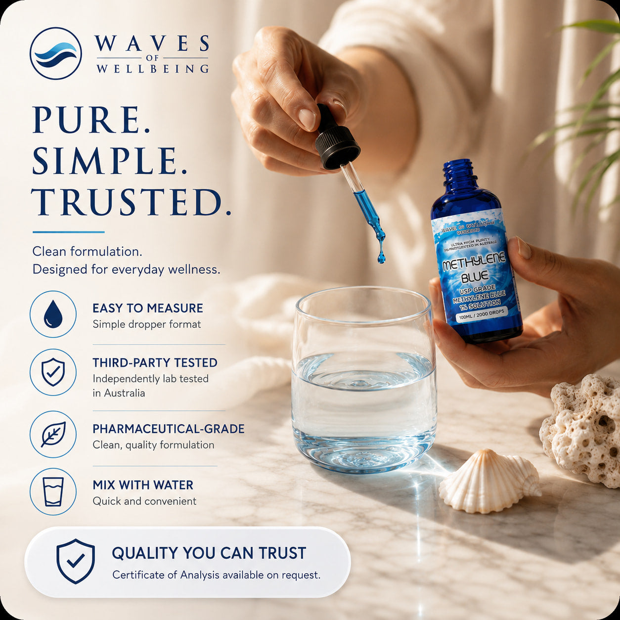 Hand using dropper to add Waves of Wellbeing Methylene Blue 100ml to a glass of water