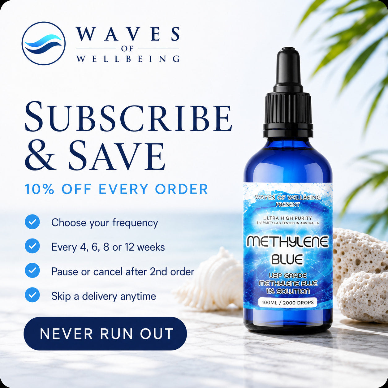Waves of Wellbeing Methylene Blue 100ml Subscribe and Save 10 percent off flexible delivery