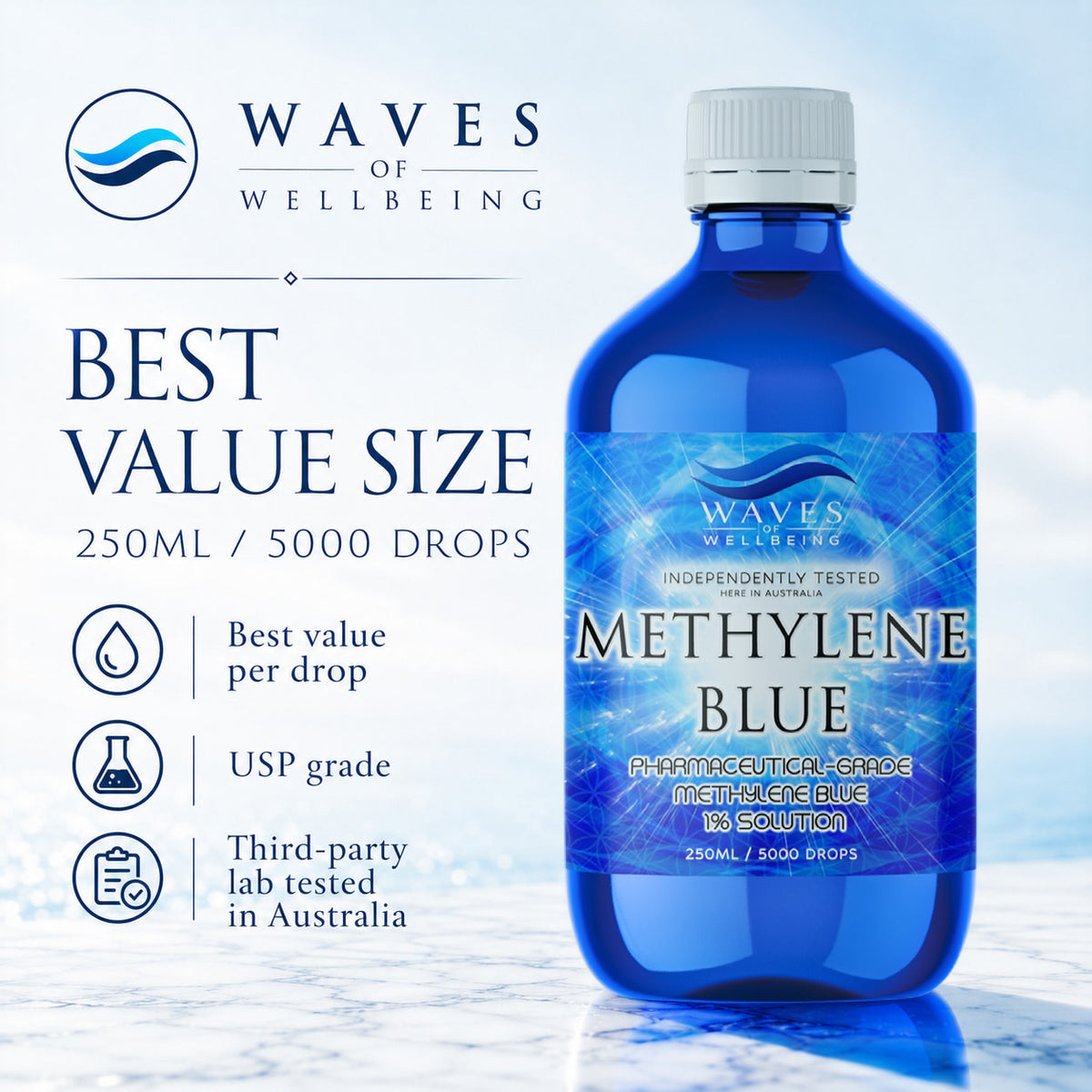 Waves of Wellbeing 250ml Methylene Blue, best value size per drop