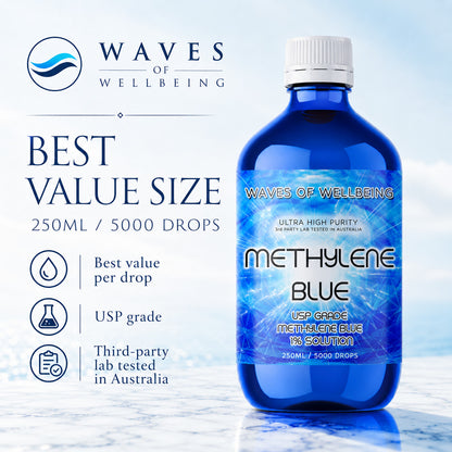 Waves of Wellbeing 250ml methylene blue best value size - USP grade third-party lab tested Australia