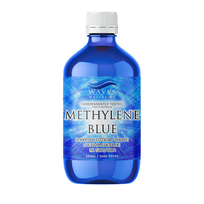 Waves of Wellbeing 250ml Methylene Blue 1% solution cobalt glass bottle on white background