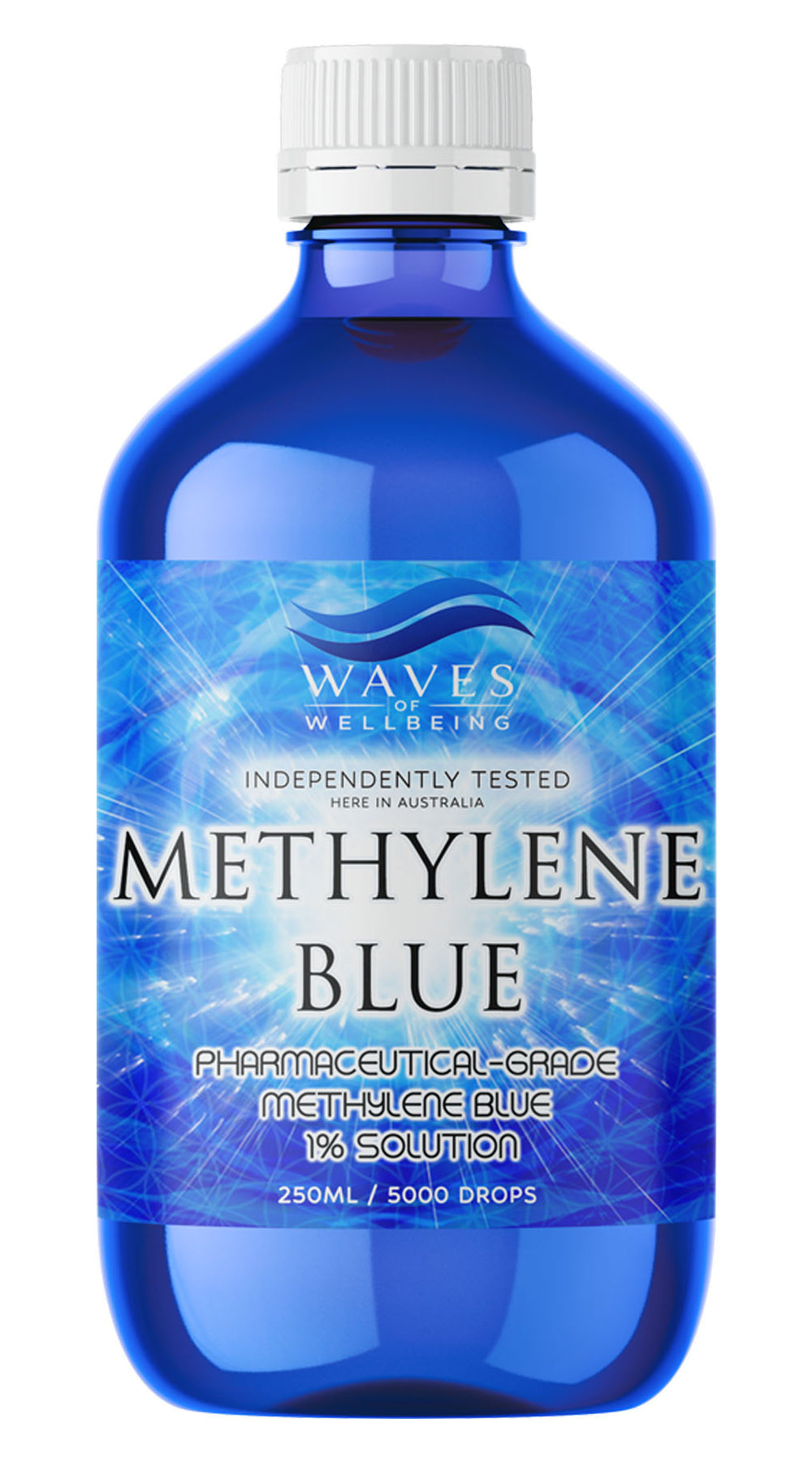 Waves of Wellbeing 250ml Methylene Blue 1% solution cobalt glass bottle on white background