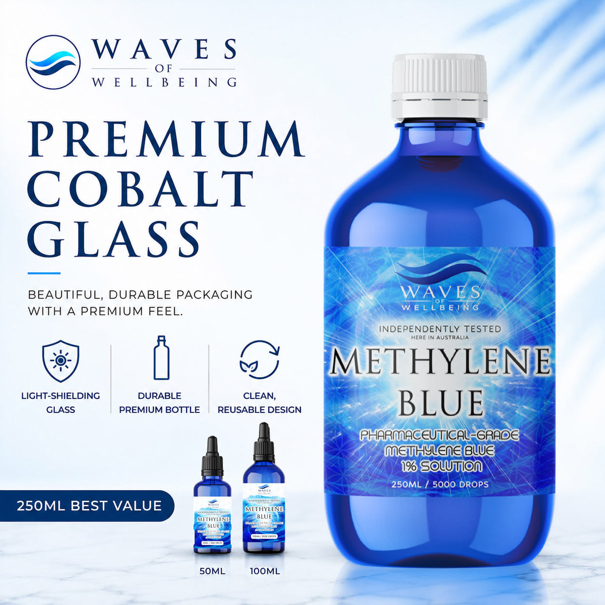 Waves of Wellbeing 250ml Methylene Blue in premium cobalt glass beside 50ml and 100ml bottles