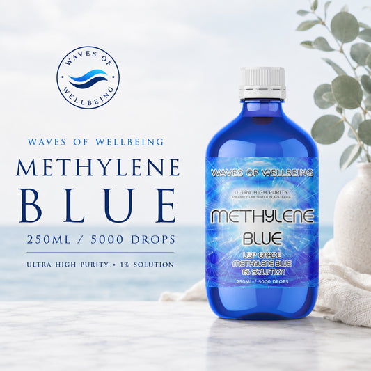 Waves of Wellbeing 250ml Methylene Blue 1% solution bottle on marble with linen and eucalyptus