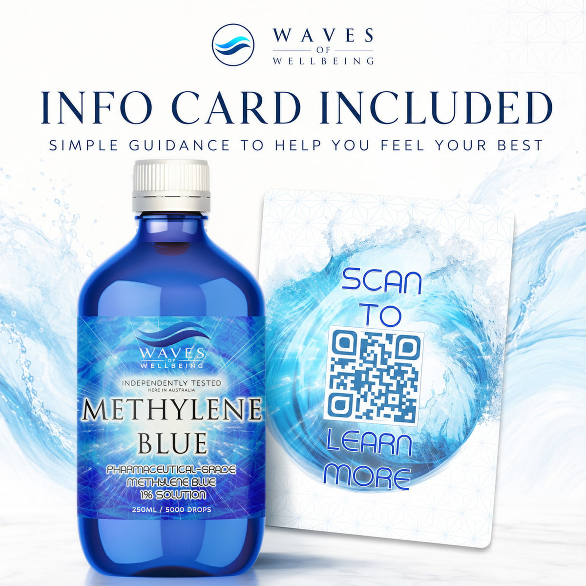 Waves of Wellbeing Methylene Blue with handling and storage info card included