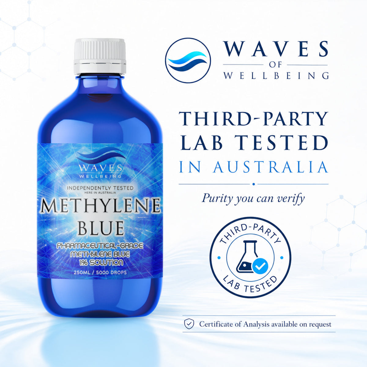 Waves of Wellbeing 250ml Methylene Blue, third-party lab tested in Australia