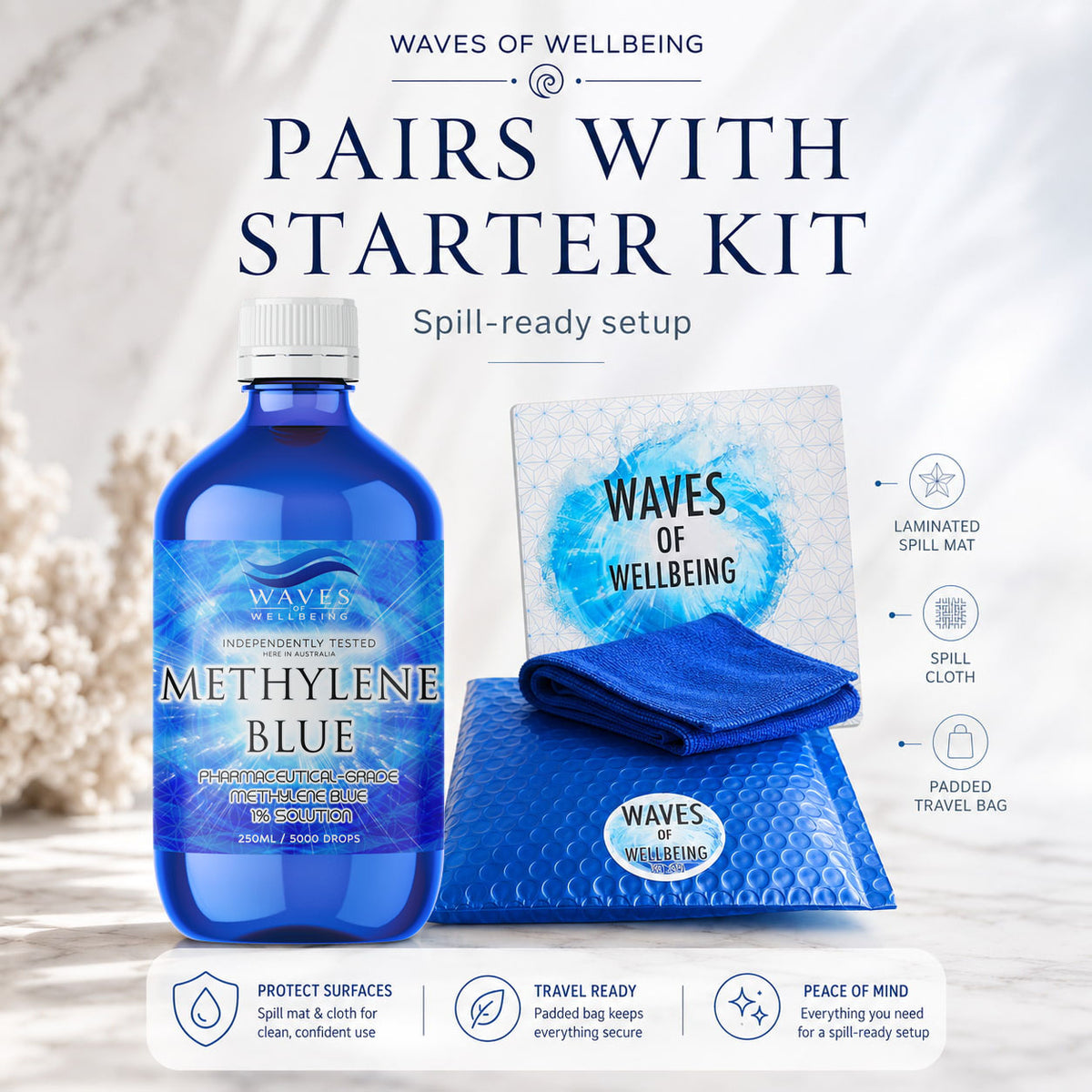 Waves of Wellbeing 250ml Methylene Blue pairs with the Starter Kit spill mat and cloth